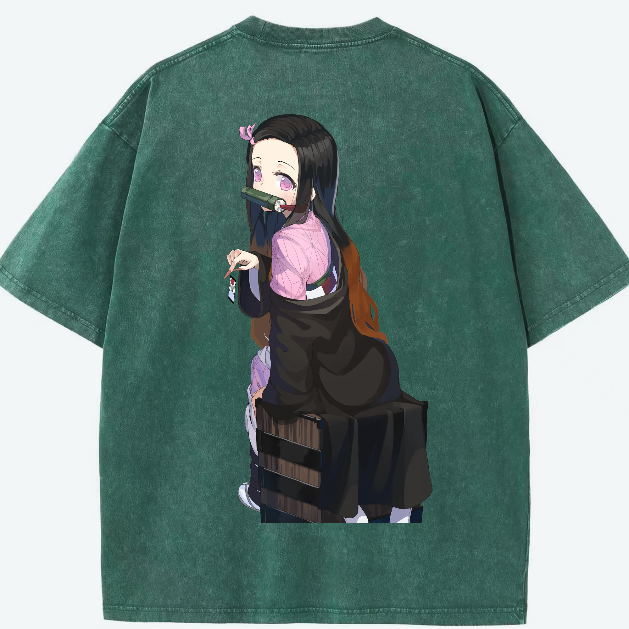 （画像用） 鬼滅の刃（きめつのやいば）竈門 禰󠄀豆子／かまど ねずこ Kamado Nezuko 綿100% ヴィンテージ風 半袖Tシャツ（背面プリント）